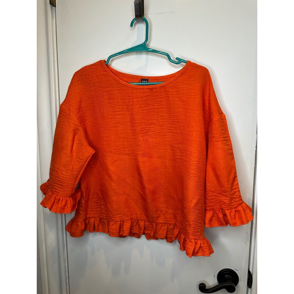 SHEIN Orange Ruffle Hem Textured 3/4 Sleeve Blouse Top Medium
